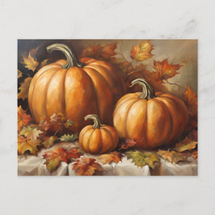 Fall Pumpkin Harvest, Autumn Leaves Holiday Postcard