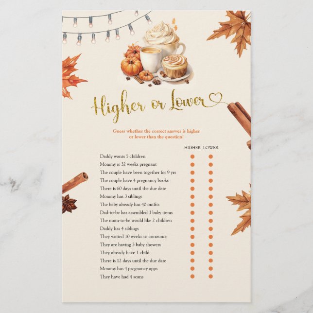 Fall Pumpkin Higher or Lower Games Card (Front)