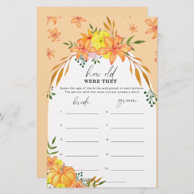 Fall Pumpkin - How old were they bridal game (Front/Back)