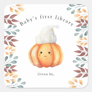 Fall pumpkin in hat - baby's first library square sticker