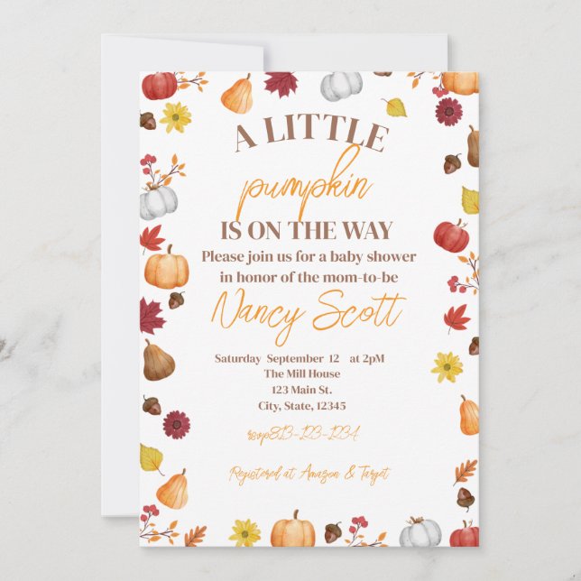 Fall Pumpkin Is on the way invitation (Front)