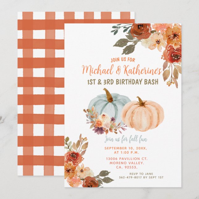 Fall Pumpkin Joint Birthday Siblings Party Invitation (Front/Back)