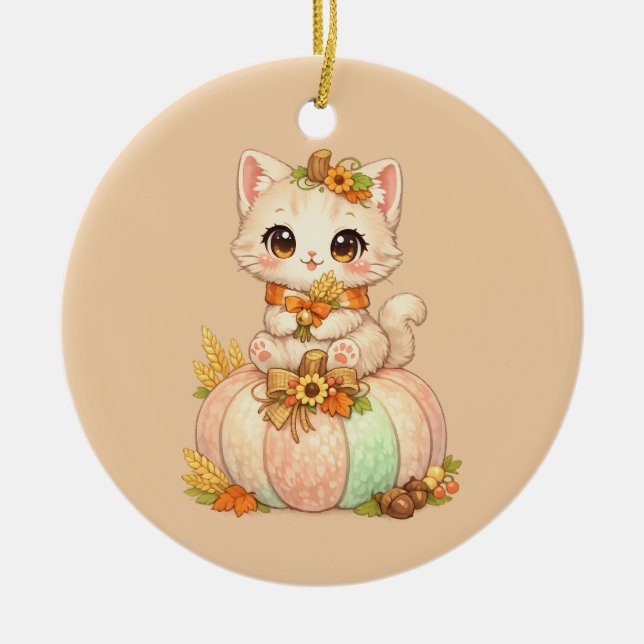 Fall Pumpkin Kitty – Cute Autumn Ceramic Tree Decoration (Front)