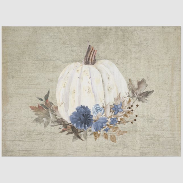 Fall Pumpkin Navy Blue Floral Foliage Rustic Wood Tissue Paper (Front)