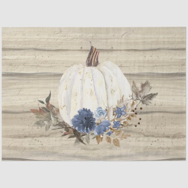Fall Pumpkin Navy Blue Floral Script Wooden Tissue Paper (Front)