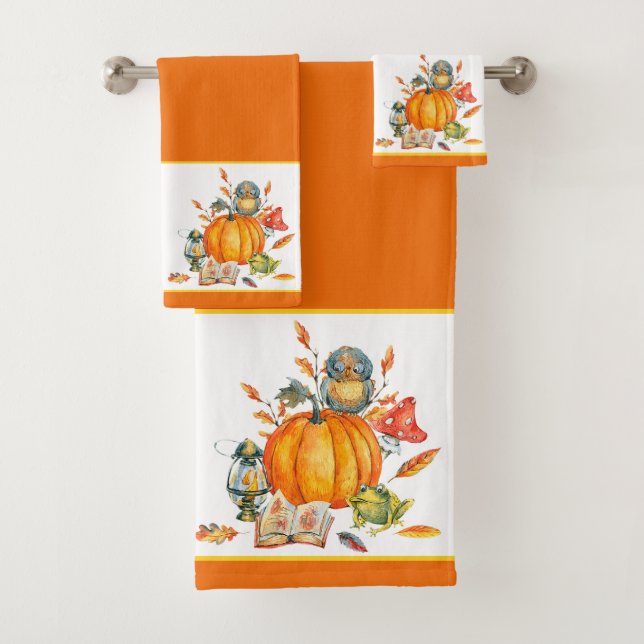 Fall Pumpkin owl and frog  Bath Towel Set (Insitu)