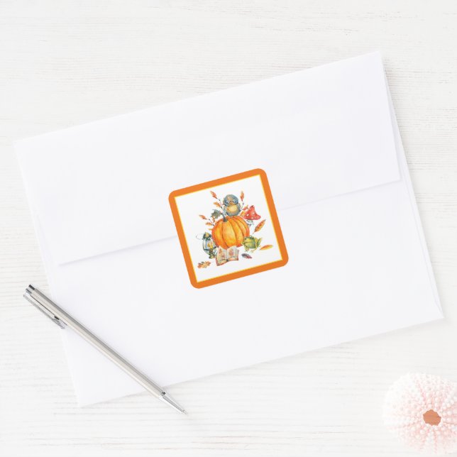 Fall Pumpkin owl and frog  Square Sticker (Envelope)