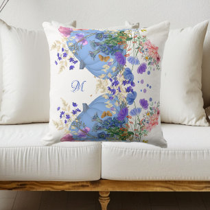 Fall Pumpkin Pastel Blue Botanical Flora Monogram Cushion