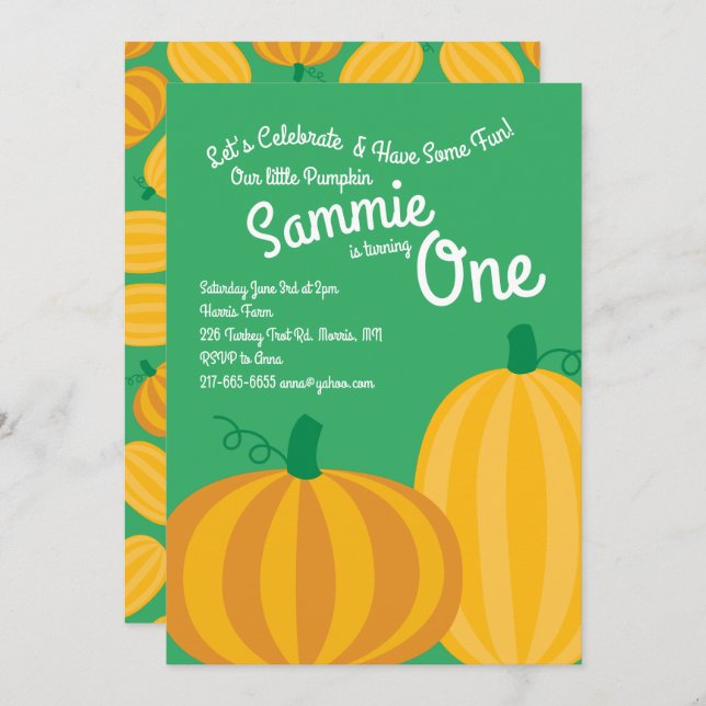 Fall Pumpkin Patch 1st Birthday Invitations (Front/Back)
