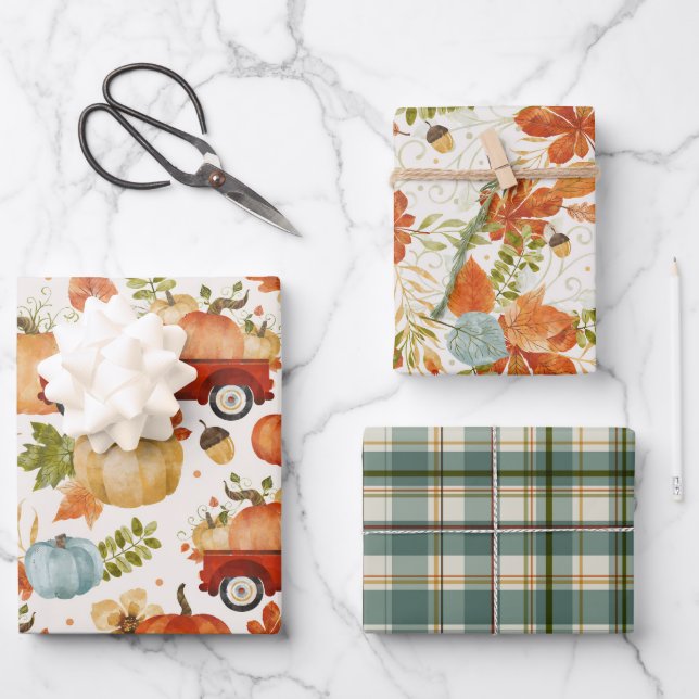 Fall Pumpkin Patch Truck Plaid Wrapping Paper Sheet (Front)