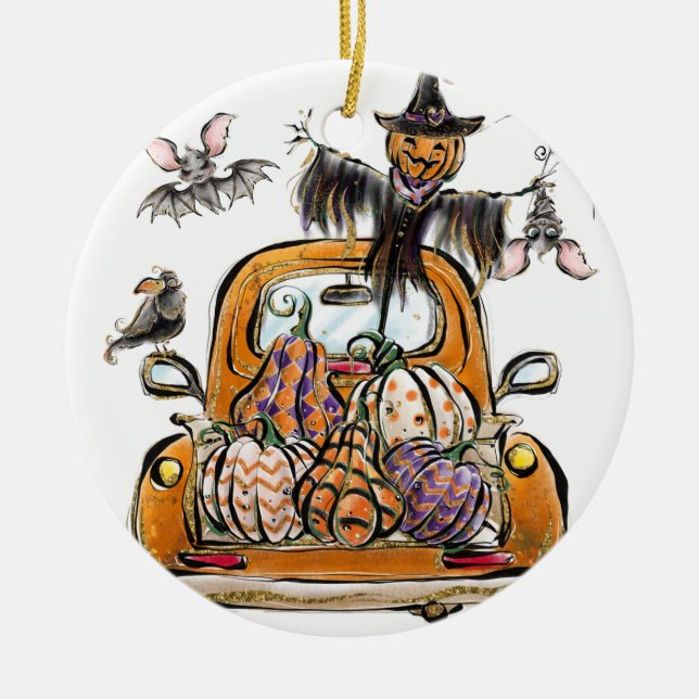 Fall Pumpkin Patch Truck with bats scarecrow bird  Ceramic Tree Decoration (Front)