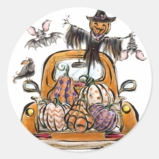 Fall Pumpkin Patch Truck with bats scarecrow bird  Classic Round Sticker (Front)