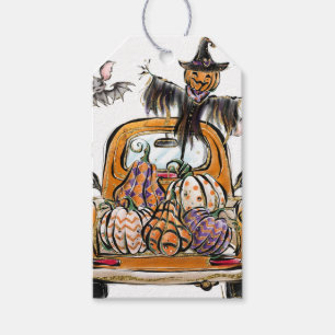 Fall Pumpkin Patch Truck with bats scarecrow bird Gift Tags
