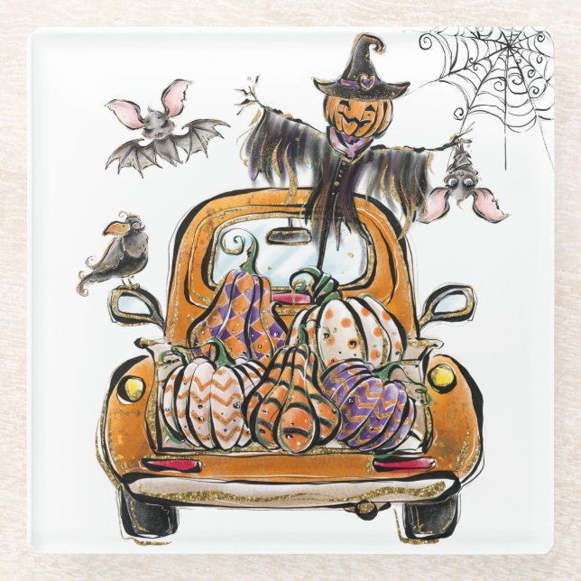 Fall Pumpkin Patch Truck with bats scarecrow bird  Glass Coaster (Front)