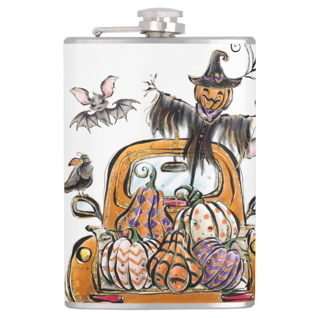 Fall Pumpkin Patch Truck with bats scarecrow bird  Hip Flask (Front)