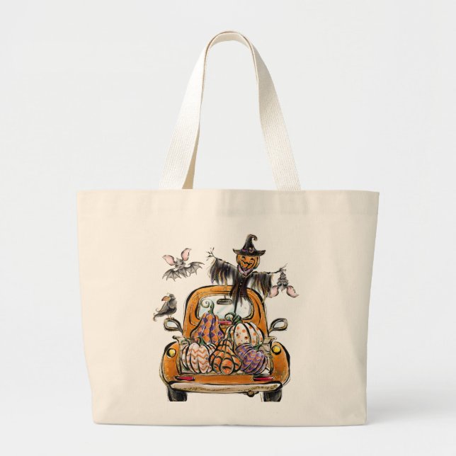Fall Pumpkin Patch Truck with bats scarecrow bird  Large Tote Bag (Front)