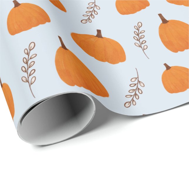 Fall Pumpkin Pattern Blue Wrapping Paper (Roll Corner)