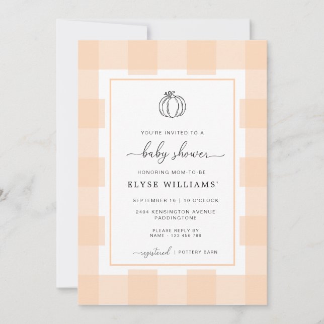 Fall Pumpkin Peach Gingham Baby Shower Invitation (Front)