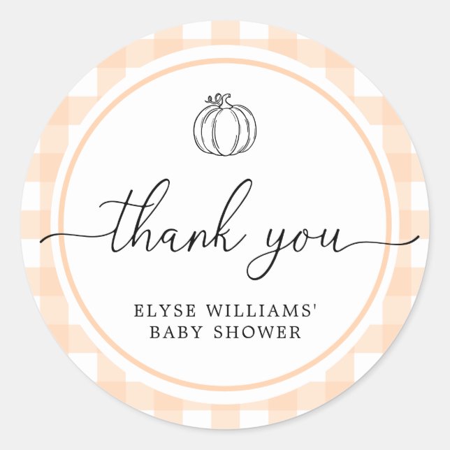 Fall Pumpkin Peach Gingham Shower Favour Sticker (Front)