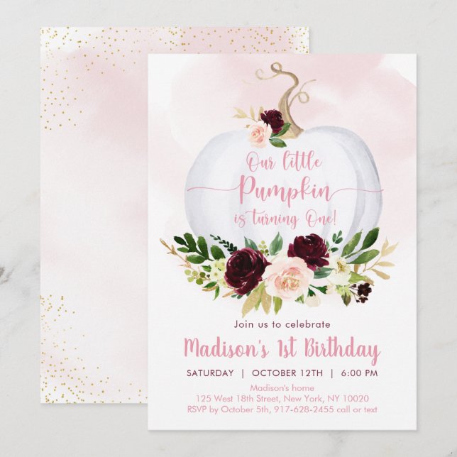 Fall Pumpkin Pink Burgundy Gold First Birthday Invitation (Front/Back)