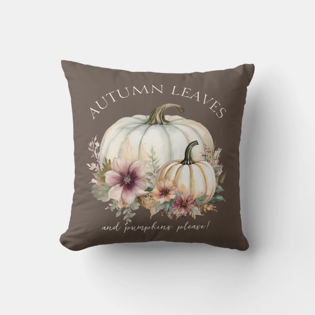 Fall Pumpkin Pink Floral Autumn Leaf Watercolor Cushion (Front)