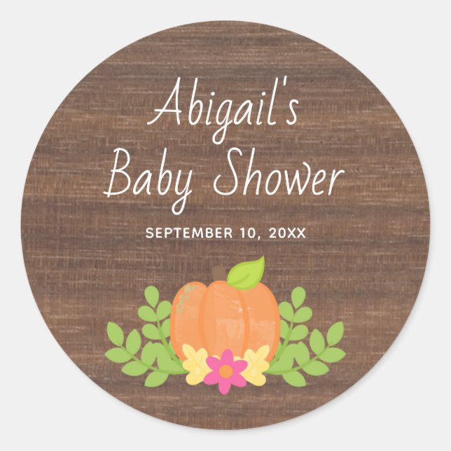 Fall Pumpkin Pink Flower Rustic Baby Shower Classic Round Sticker (Front)