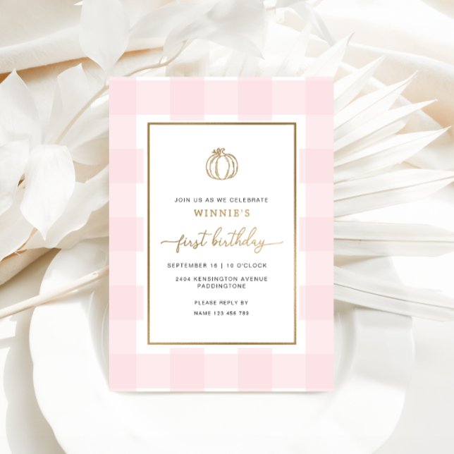 Fall Pumpkin Pink Gingham Birthday Foil Invitation (Creator Uploaded)