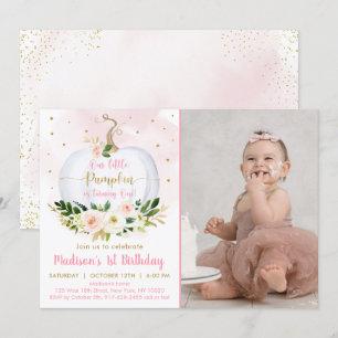 Fall Pumpkin Pink Gold Confetti First Birthday Invitation