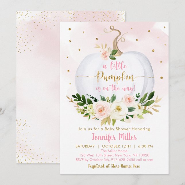 Fall Pumpkin Pink Gold Girl Baby Shower Invitation (Front/Back)