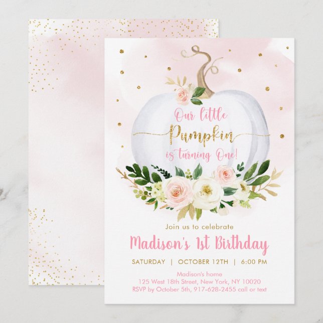 Fall Pumpkin Pink Gold Girl First Birthday Invitation (Front/Back)
