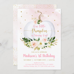 Fall Pumpkin Pink Gold Girl First Birthday Invitation