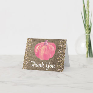 Fall Pumpkin Pink Gold Glitter Confetti Burlap Thank You Card