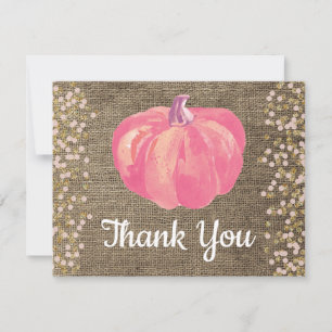 Fall Pumpkin Pink Gold Glitter Confetti Burlap Thank You Card