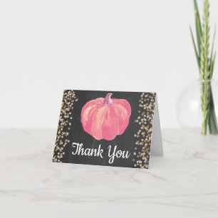 Fall Pumpkin Pink Gold Glitter Confetti Chalkboard Thank You Card