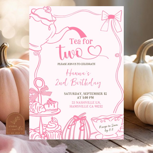 Fall Pumpkin PINK Scribble Hand Drawn Tea for Two  Invitation (Creator Uploaded)