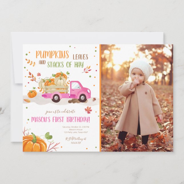 Fall Pumpkin Pink Truck Orange Green Girl Birthday Invitation (Front)