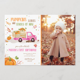 Fall Pumpkin Pink Truck Orange Green Girl Birthday Invitation