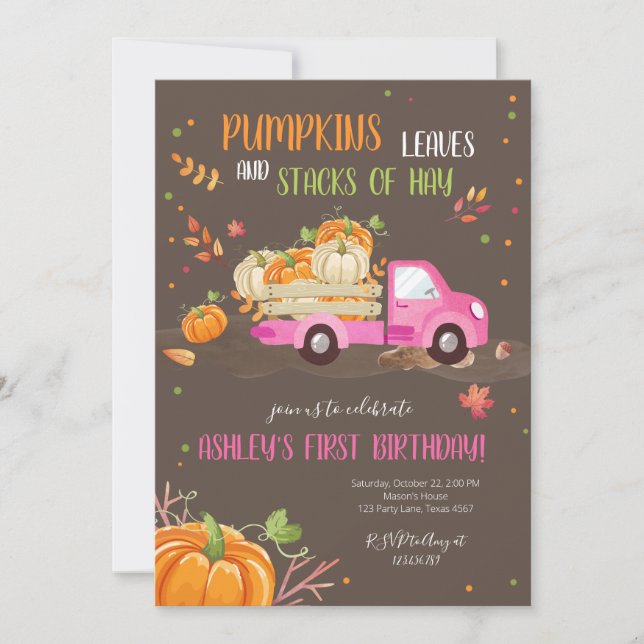 Fall Pumpkin Pink Truck Orange Green Girl Birthday Invitation (Front)