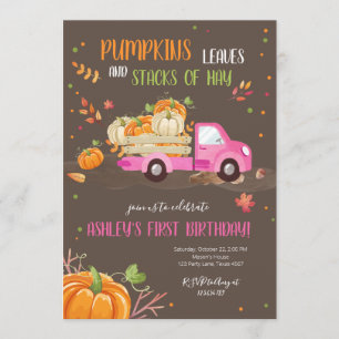 Fall Pumpkin Pink Truck Orange Green Girl Birthday Invitation