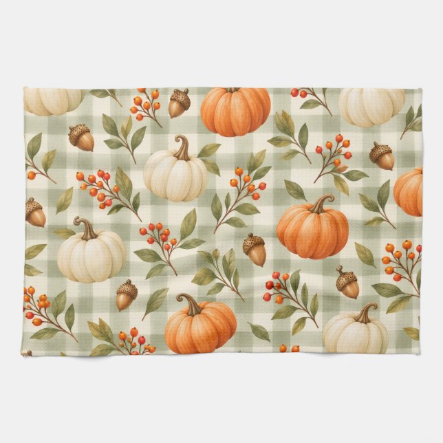 Fall Pumpkin Plaid Thanksgiving Kitchen Towel (Horizontal)