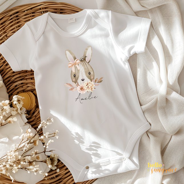 Fall Pumpkin Rabbit Floral Baby Bodysuit (Pumpkin Rabbit Boho Baby Bodysuit)
