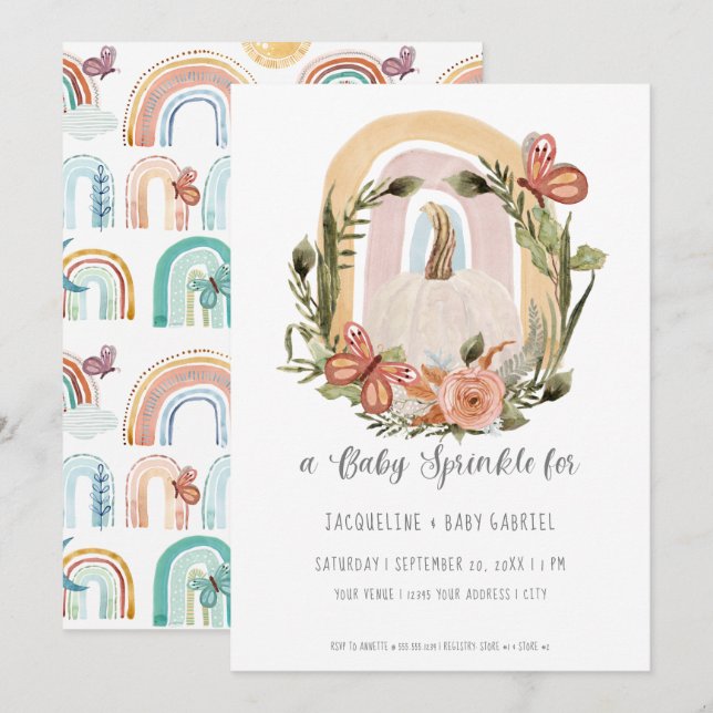 Fall Pumpkin Rainbow Mustard Blue Blush Floral Art Invitation (Front/Back)