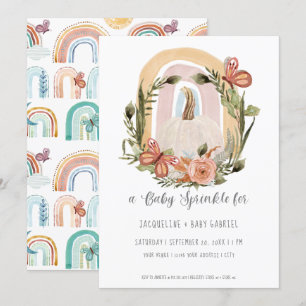Fall Pumpkin Rainbow Mustard Blue Blush Floral Art Invitation