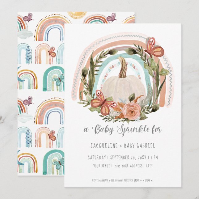 Fall Pumpkin Rainbow Mustard Blue Blush Floral Art Invitation (Front/Back)