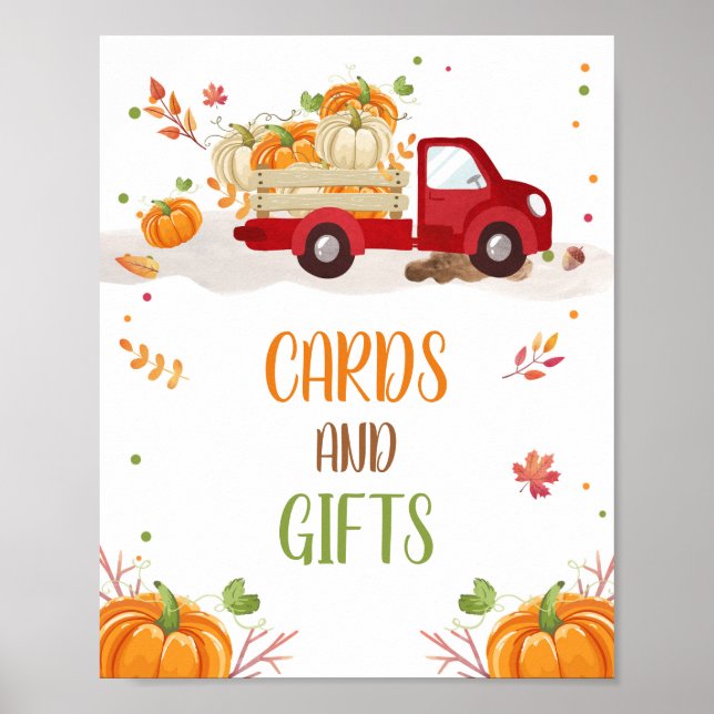 Fall Pumpkin Red Truck Cards and Gifts Table Sign (Front)