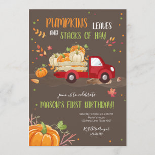 Fall Pumpkin Red Truck Orange Green Boy Birthday Invitation
