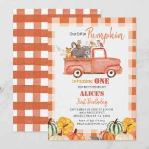 Fall Pumpkin Red Truck Watercolor birthday Invitation