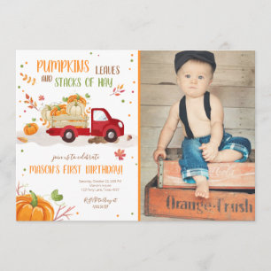 Fall Pumpkin RedTruck Orange Green Boy Birthday Invitation