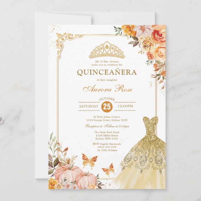 Fall Pumpkin Roses Quinceañera Princess Mis Quince Invitation (Front)