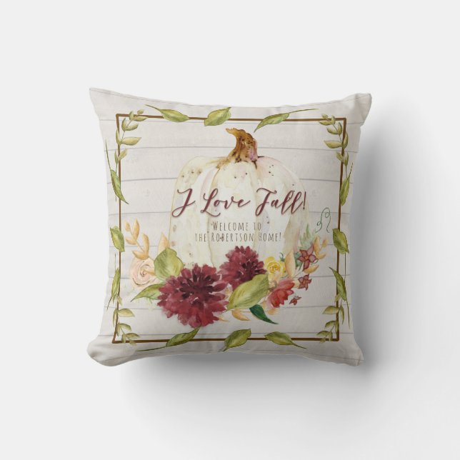Fall Pumpkin Rustic Farmhouse Burgundy Floral Love Cushion (Front)